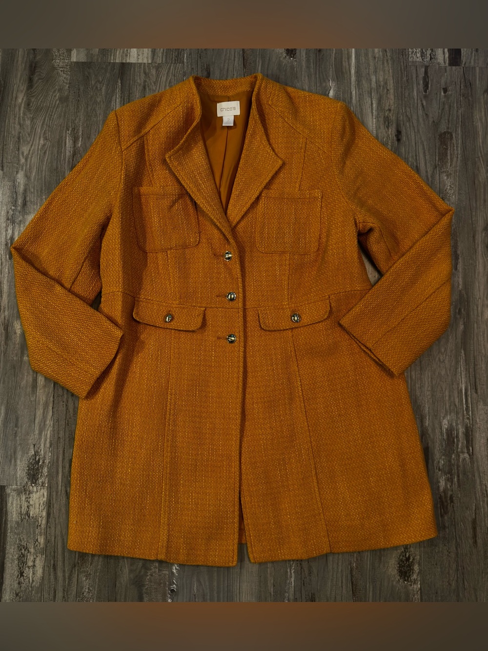 Chico's Mustard Yellow/Orange Tweed Cotton Blend Lined Jacket-2 (12/14)